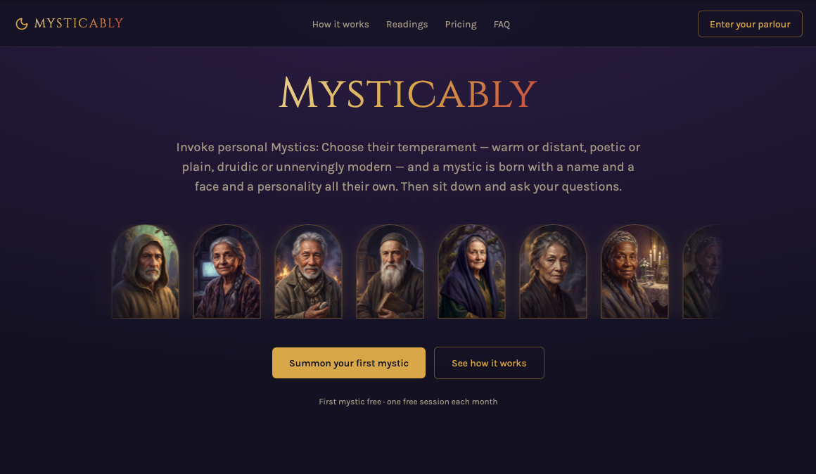 Mysticably homepage with a gallery of personal Mystics